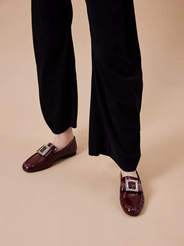 PAZZION, Calista Patent Leather Buckled Bow Loafers, Wine